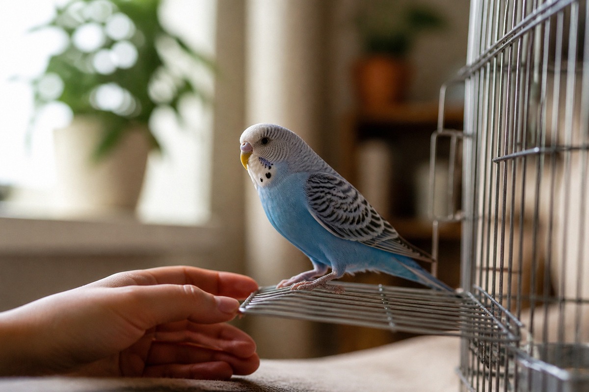 Photorealistic natural photography of a calm pet budgerigar perched near an open cage door, owner's
