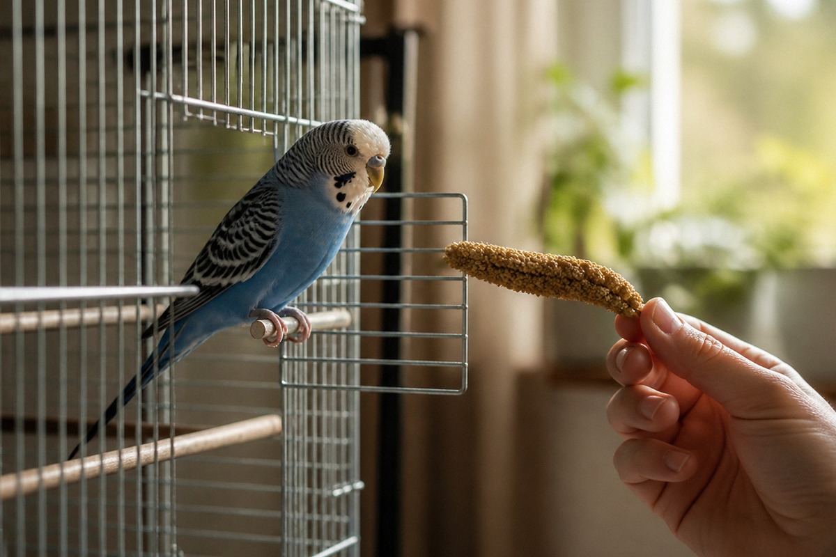Photorealistic natural photography of a small domestic budgerigar perched near an open cage door, ca
