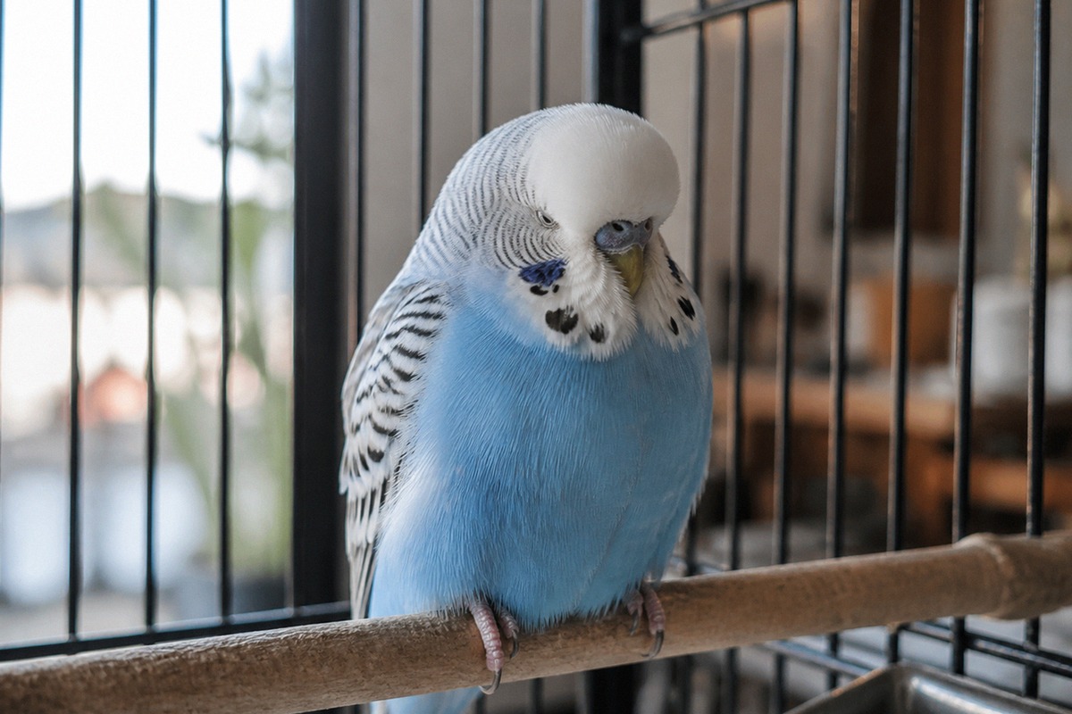 Photorealistic natural photography of a small pet budgerigar resting on a wooden perch inside a clea