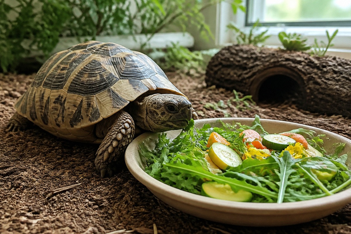Photorealistic natural photography of a healthy domestic tortoise near a shallow ceramic bowl filled
