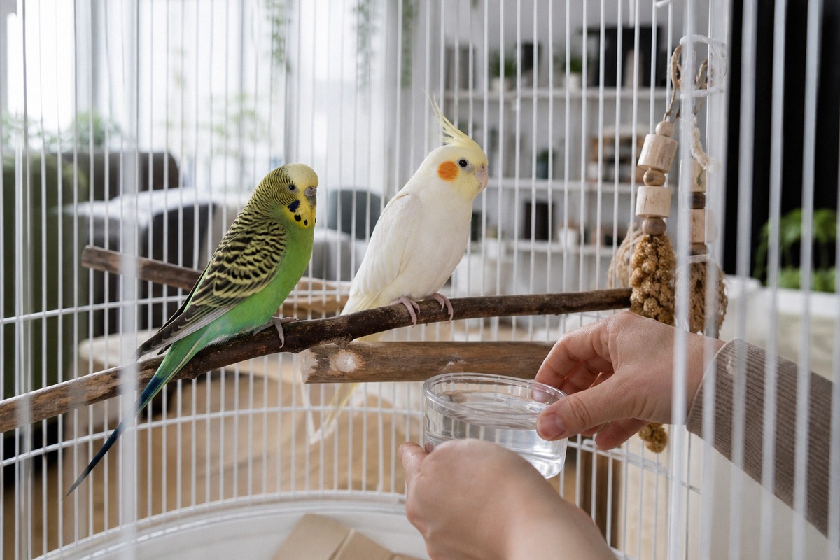 Photorealistic natural photography of a healthy budgerigar and a cockatiel sitting calmly on natural
