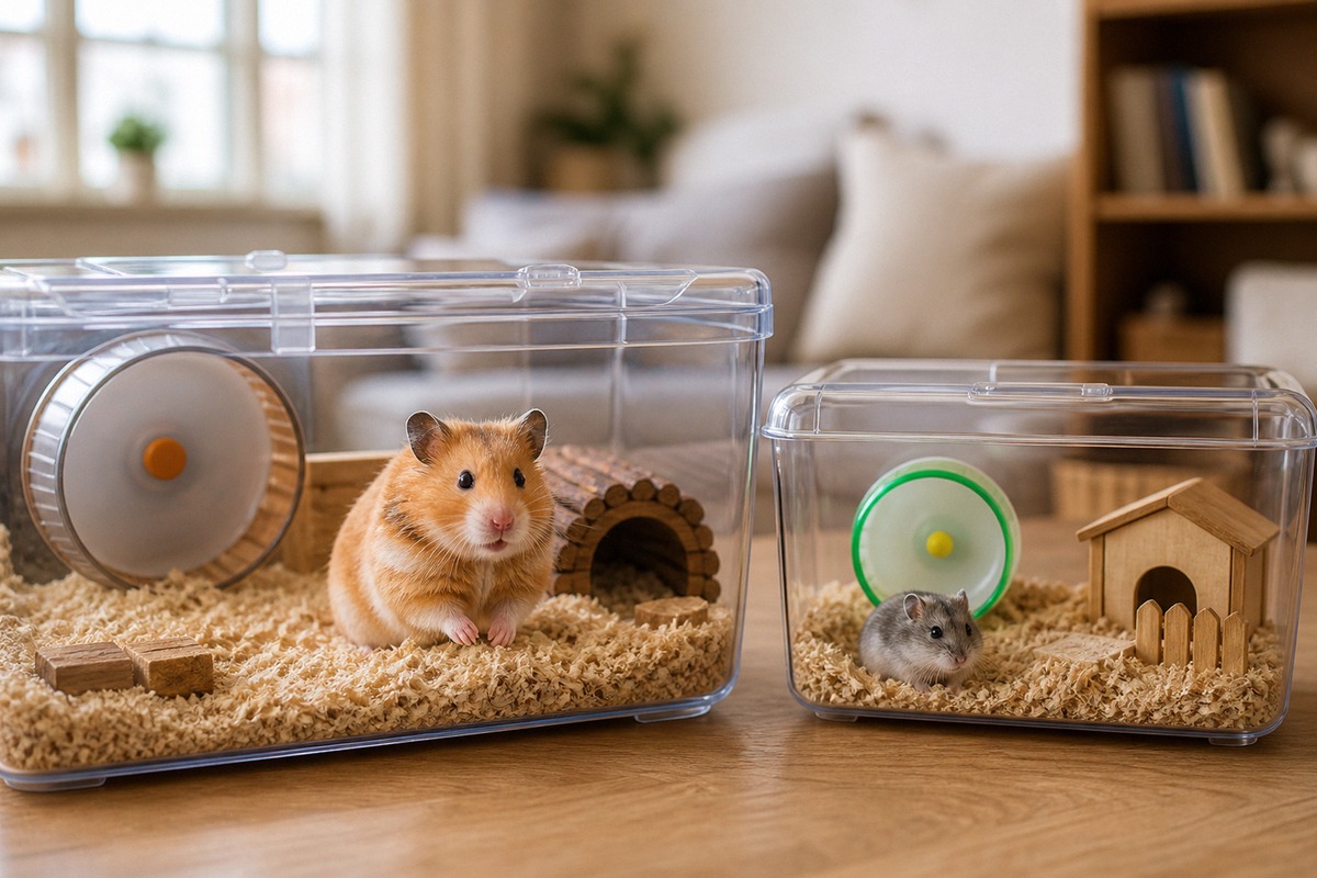 Photorealistic natural photography of a cozy home setup for choosing a pet hamster, a Syrian hamster