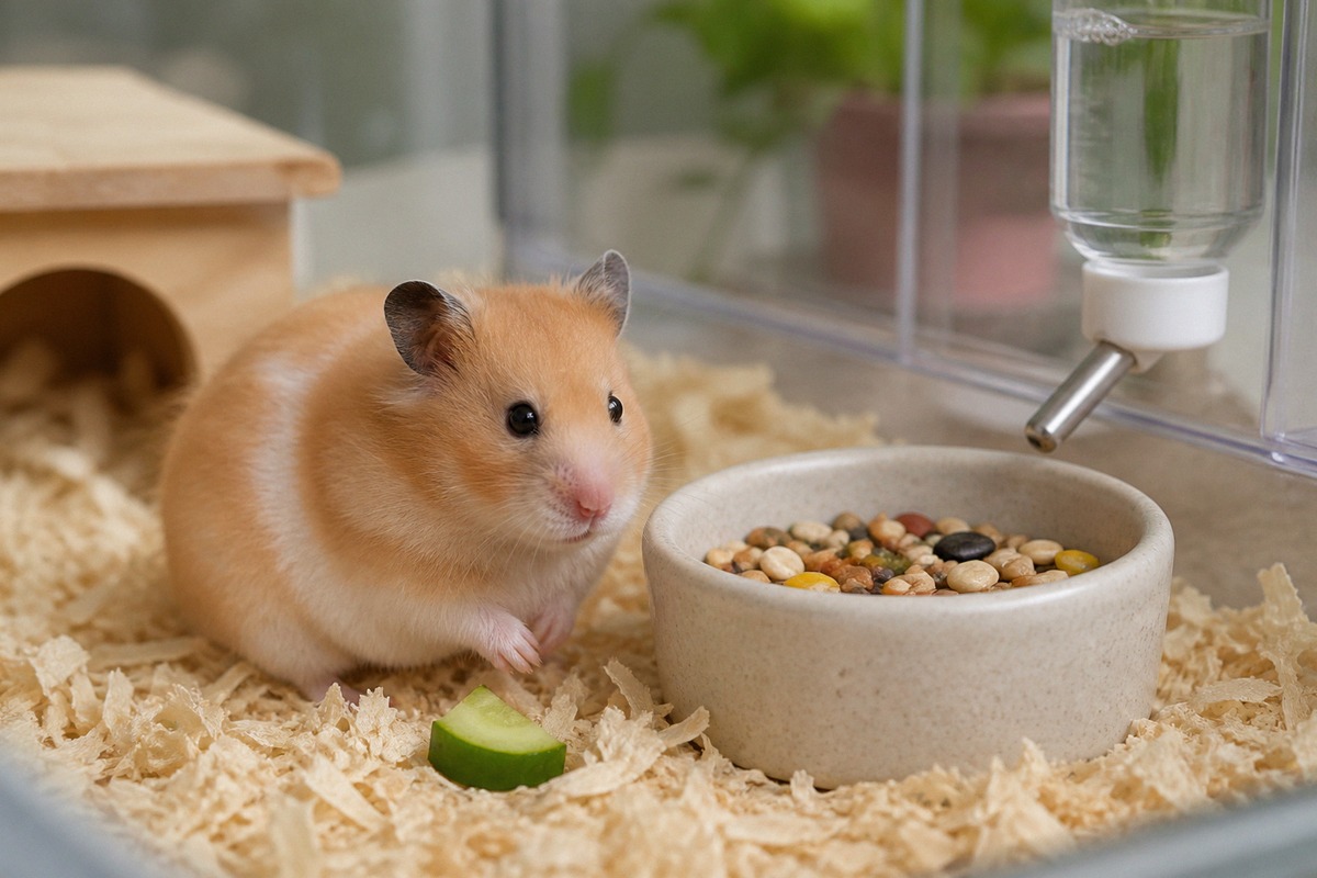Photorealistic natural photography of a small Syrian hamster near a tidy feeding area in a clean cag