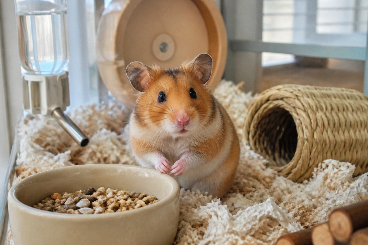 A small Syrian hamster sitting calmly in a clean home cage, alert expression, visible food bowl and