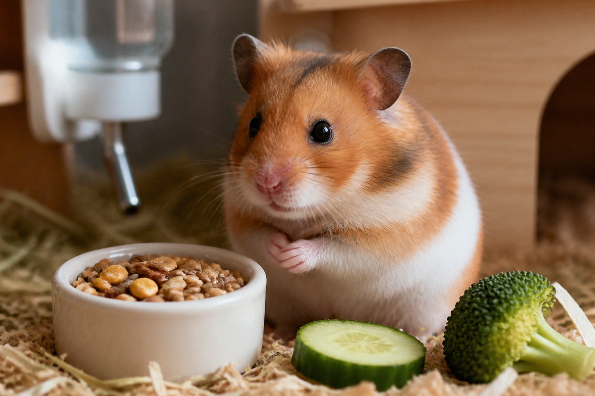 Photorealistic natural photography of a healthy Syrian hamster sitting near a small ceramic food bow