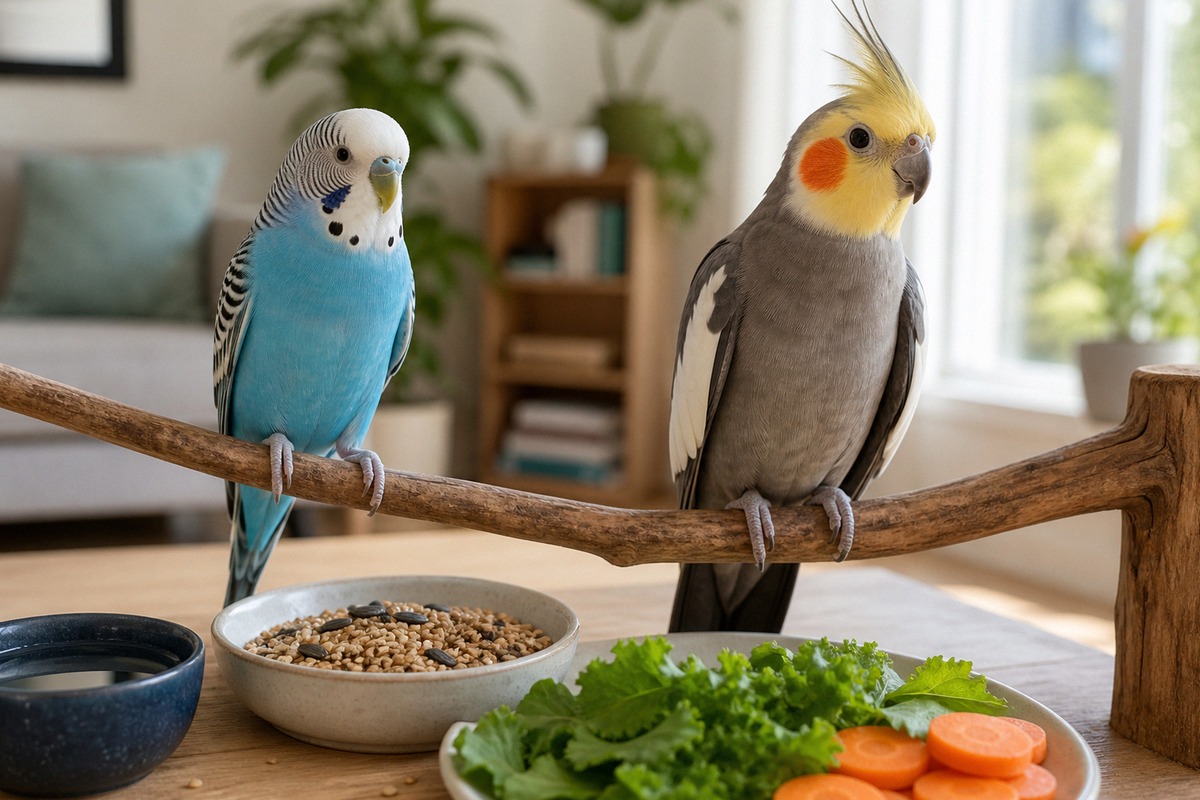 A healthy pet budgerigar and cockatiel near a clean feeding area with a small bowl of quality seeds,