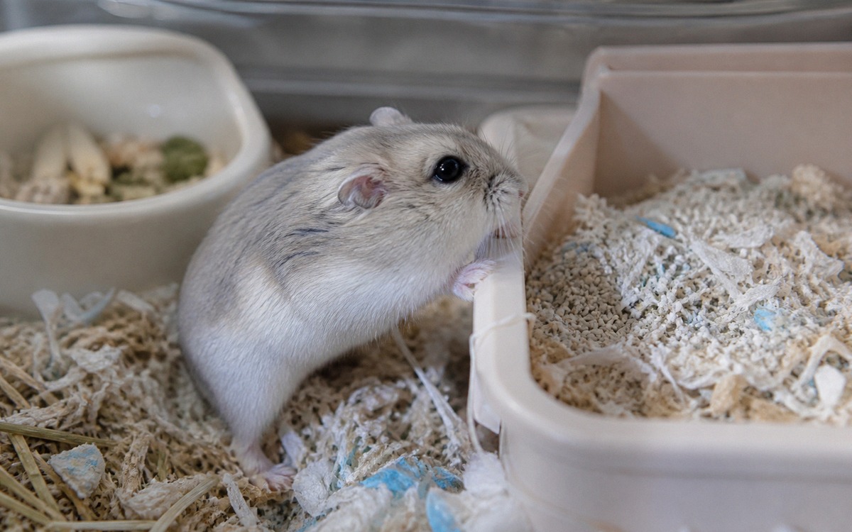 Close-up photorealistic scene of a dwarf hamster inspecting a low corner litter tray inside a hamste
