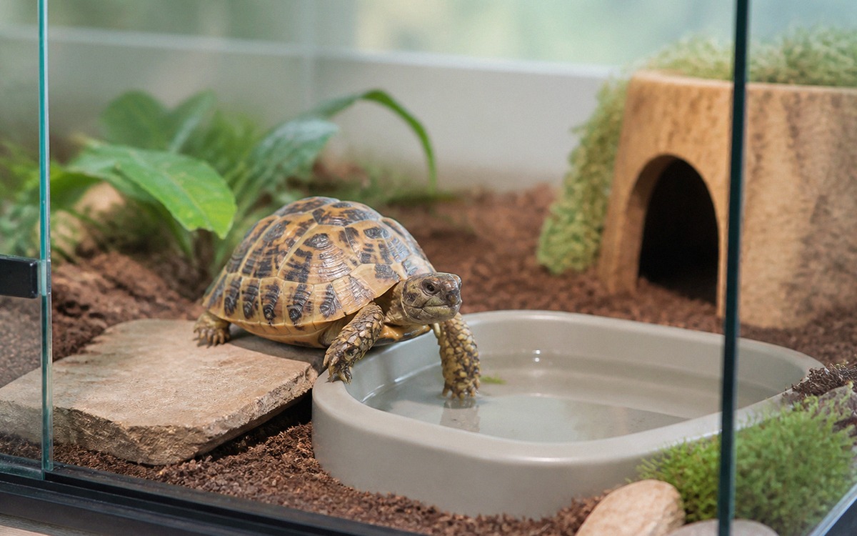 A small land tortoise stepping into a low shallow plastic tray inside a tidy terrarium, safe substra