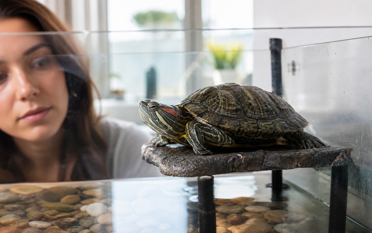 Photorealistic close-up of a red-eared slider turtle sitting quietly on a basking platform in an aqu