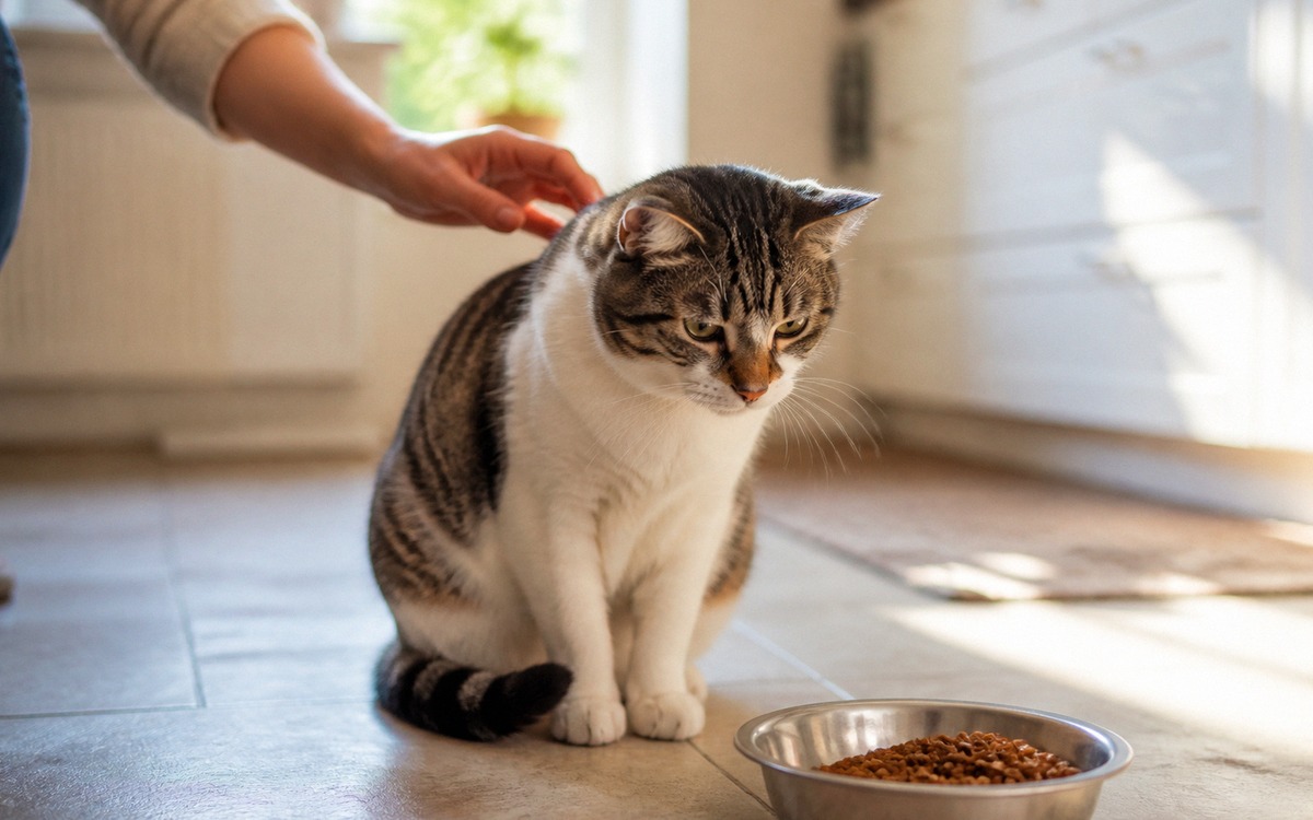 Photorealistic natural photography of a domestic cat sitting near a full food bowl but not eating, s