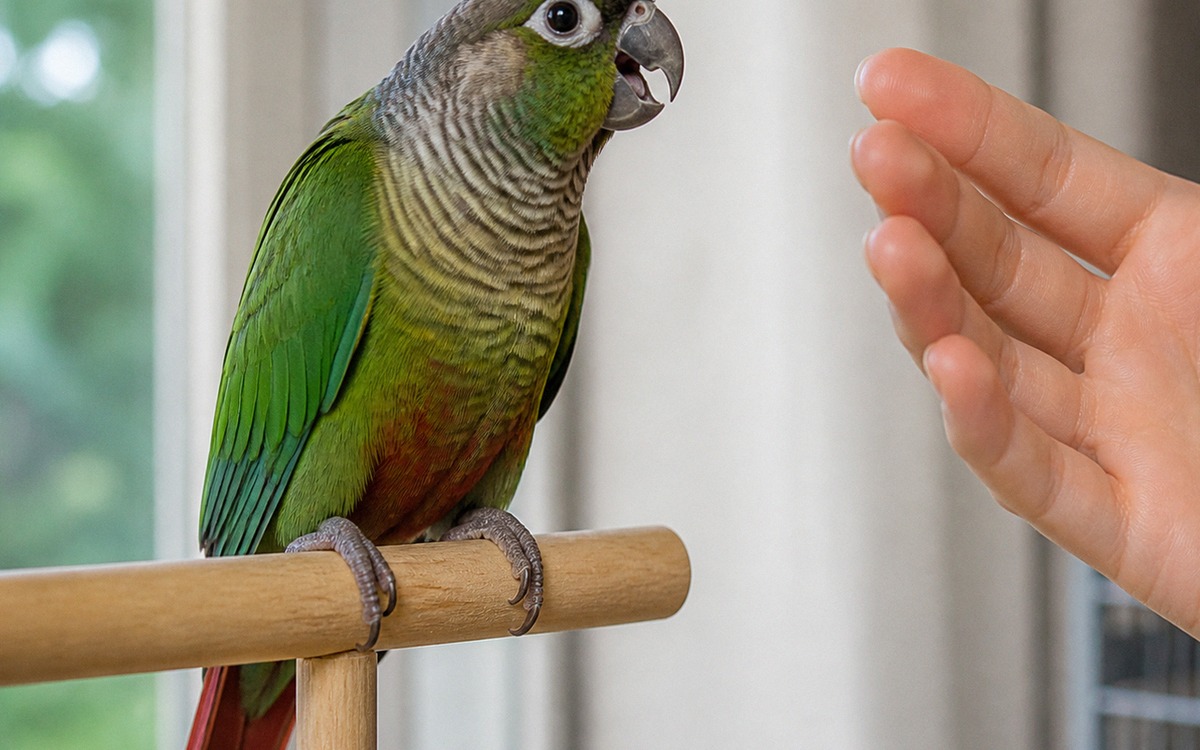 Photorealistic close-up of a small parrot showing mild warning body language on a wooden perch, slig