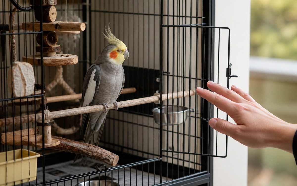 Photorealistic scene of a slightly tense cockatiel inside a clean home cage, body leaning away from 