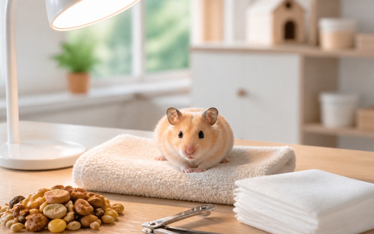 Close-up of a safe hamster nail trimming setup on a table: tiny pet nail clipper, sterile gauze pads