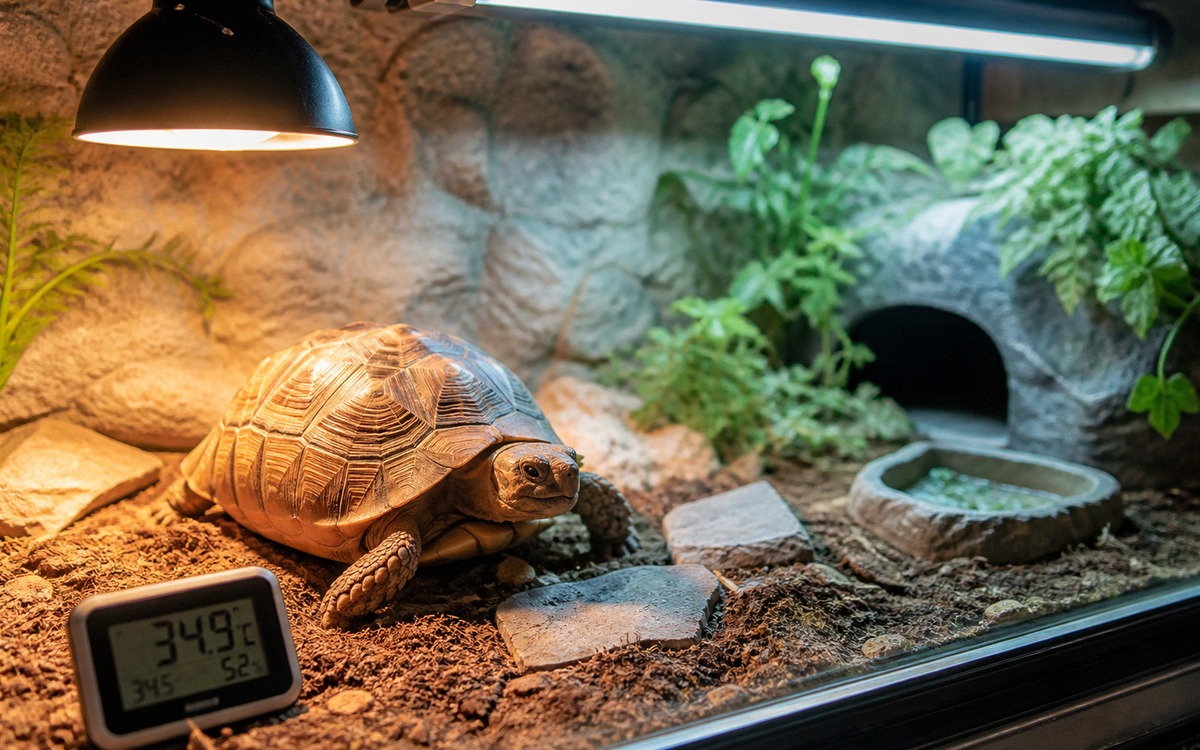 A close realistic scene of a land tortoise basking under a heat lamp with a digital thermometer visi