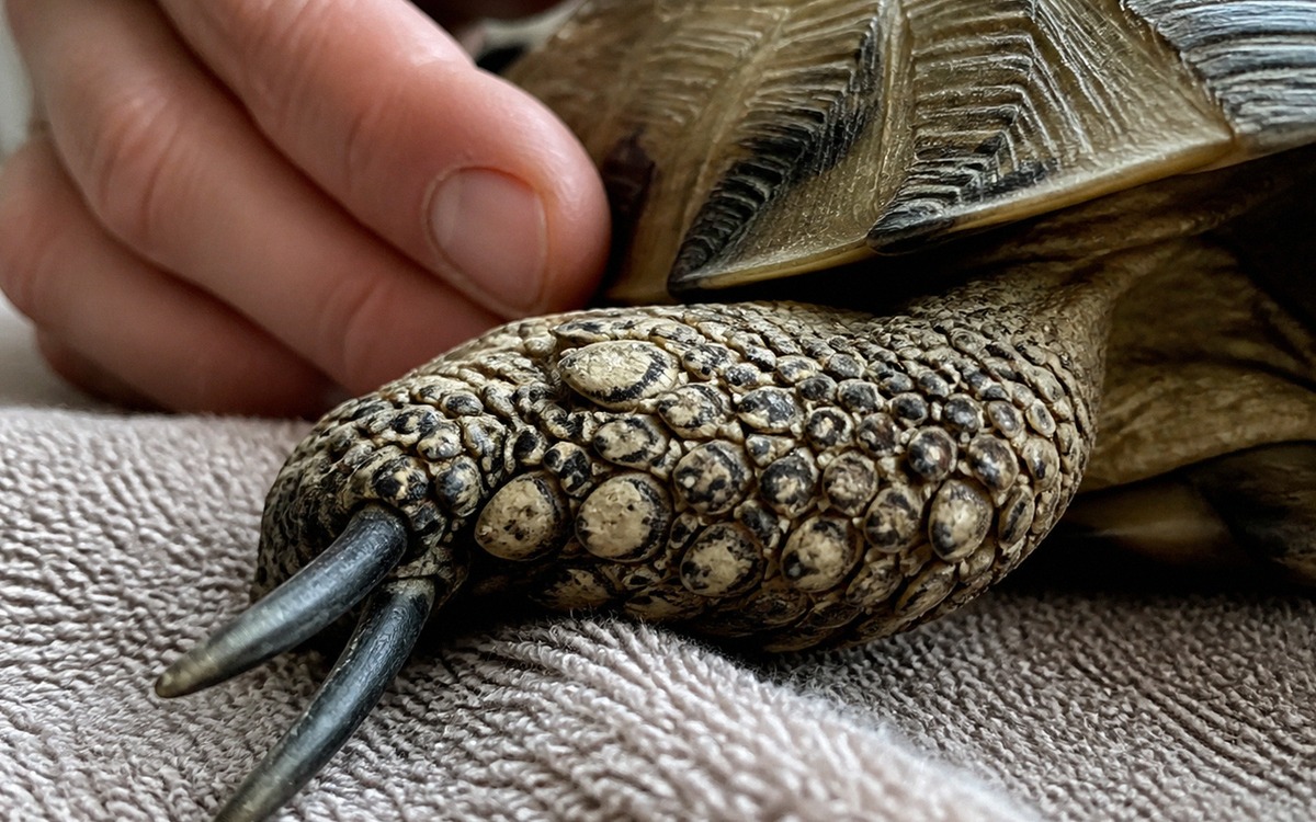 Close-up photorealistic image of a tortoise front foot on a textured towel, slightly overgrown claws