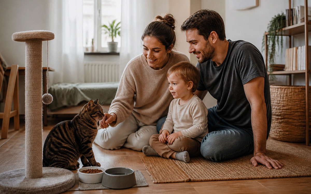 A family sitting on the floor of a small cozy apartment, gently observing a calm cat near a scratchi