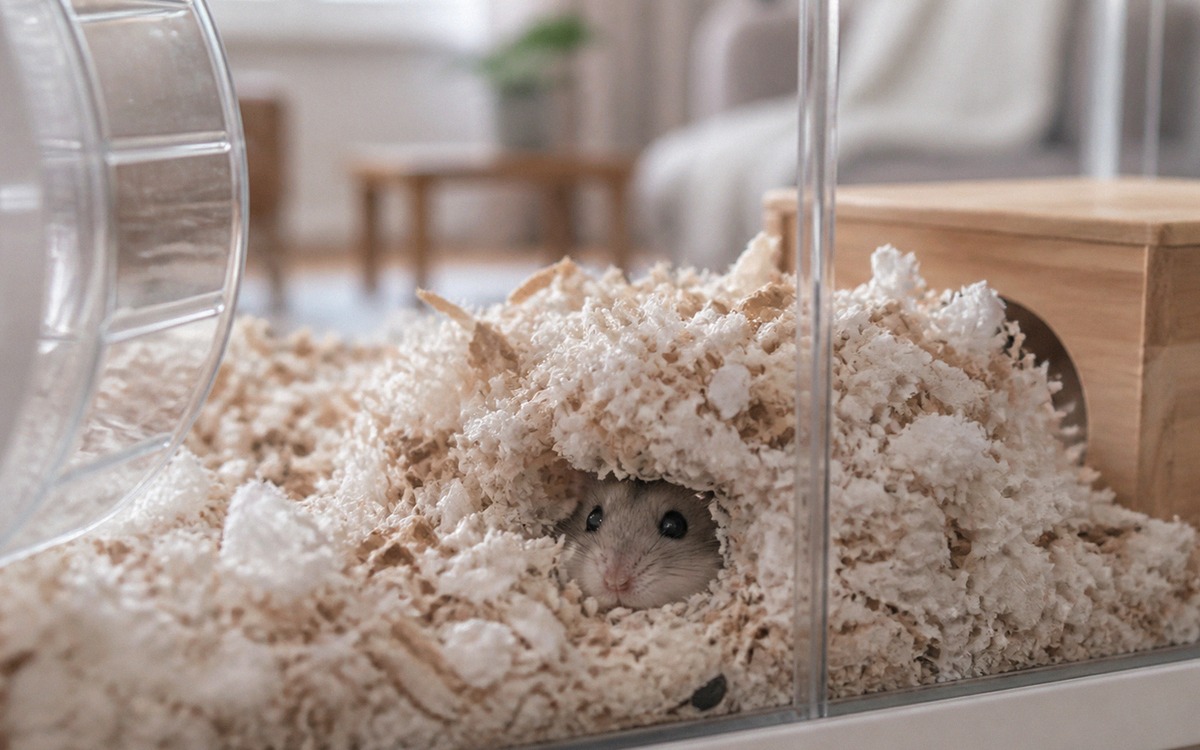 A nervous dwarf hamster partially hidden under paper bedding while a quiet living room is visible in