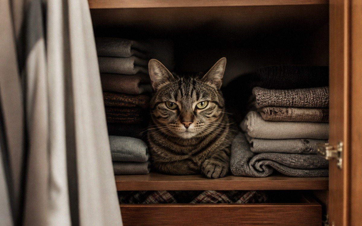 Photorealistic natural photography of a tabby cat resting inside an open wardrobe among folded cloth