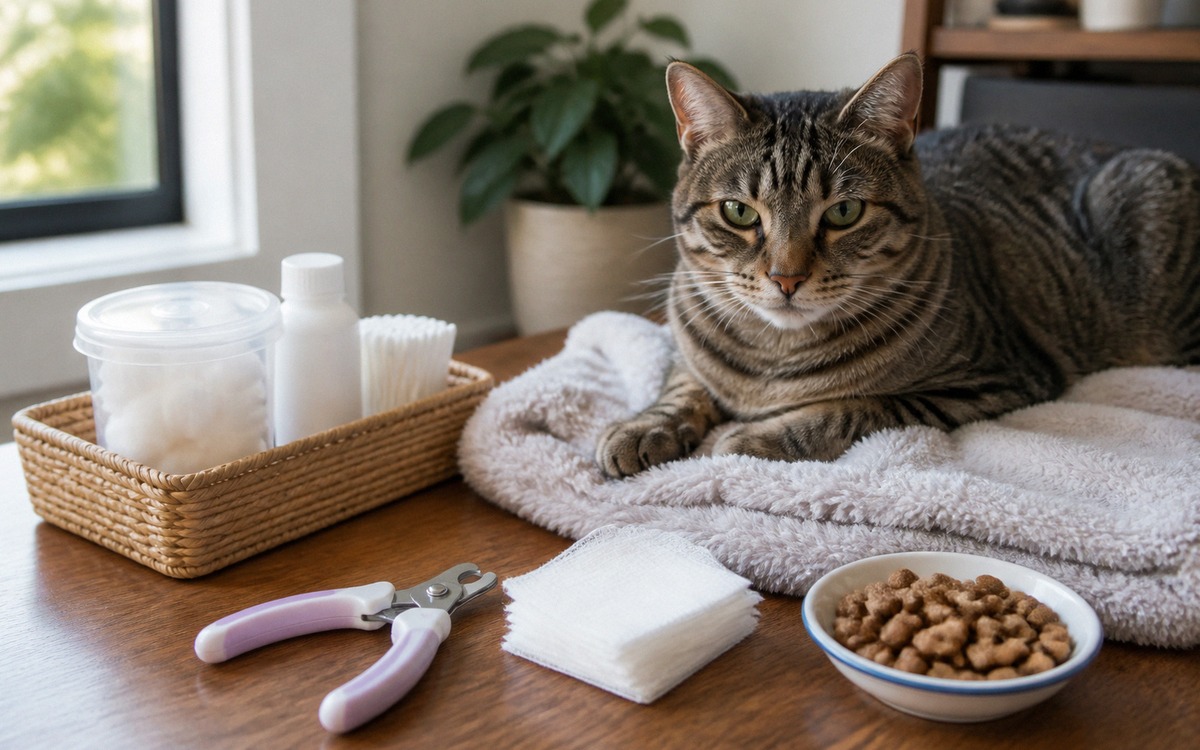 A neat home grooming setup on a wooden table: small cat nail clippers, clean gauze, pet treats, a so