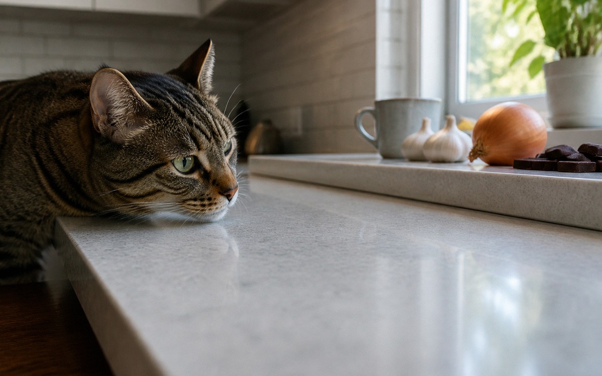 Photorealistic close-up of a curious tabby cat sniffing near a kitchen counter while chocolate, onio