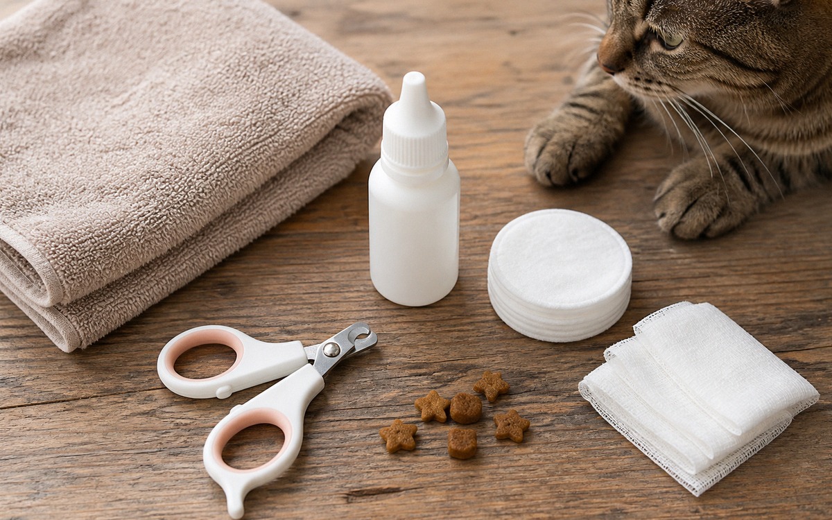 Photorealistic flat lay on a wooden table: small cat nail clippers, cotton pads, clean gauze, pet-sa