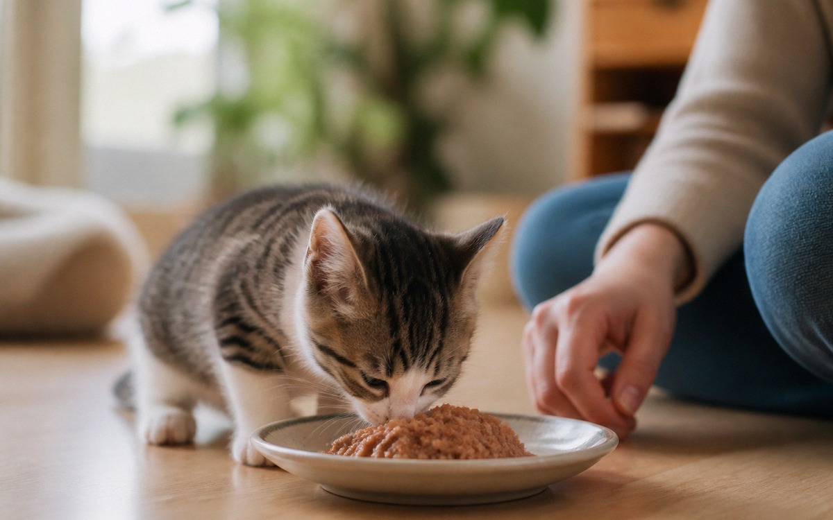 Photorealistic scene of a small kitten eating soft wet kitten food from a shallow ceramic plate, own