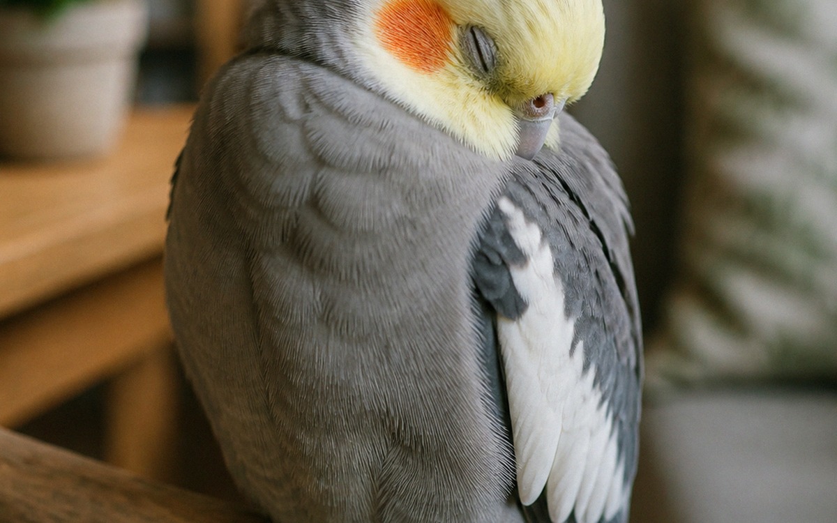 Photorealistic close-up of a healthy cockatiel calmly napping on one foot on a natural wooden perch