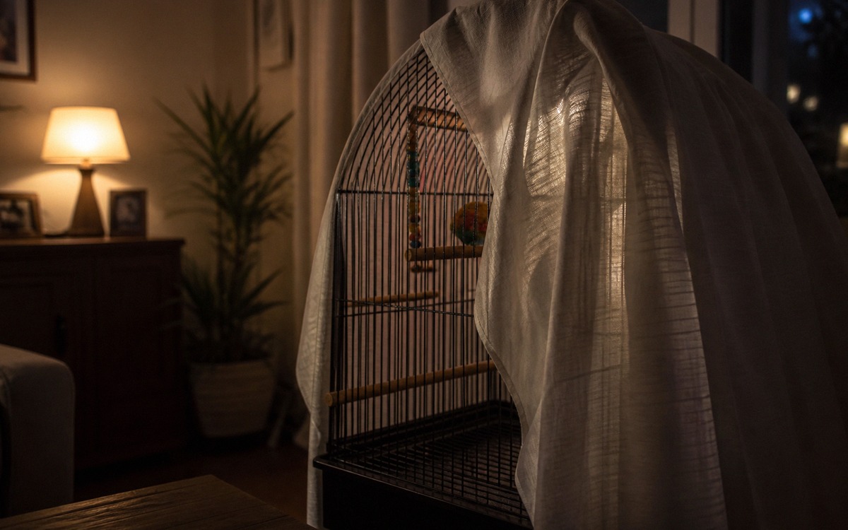 Photorealistic scene of a covered bird cage in a quiet living room at night, breathable light fabric
