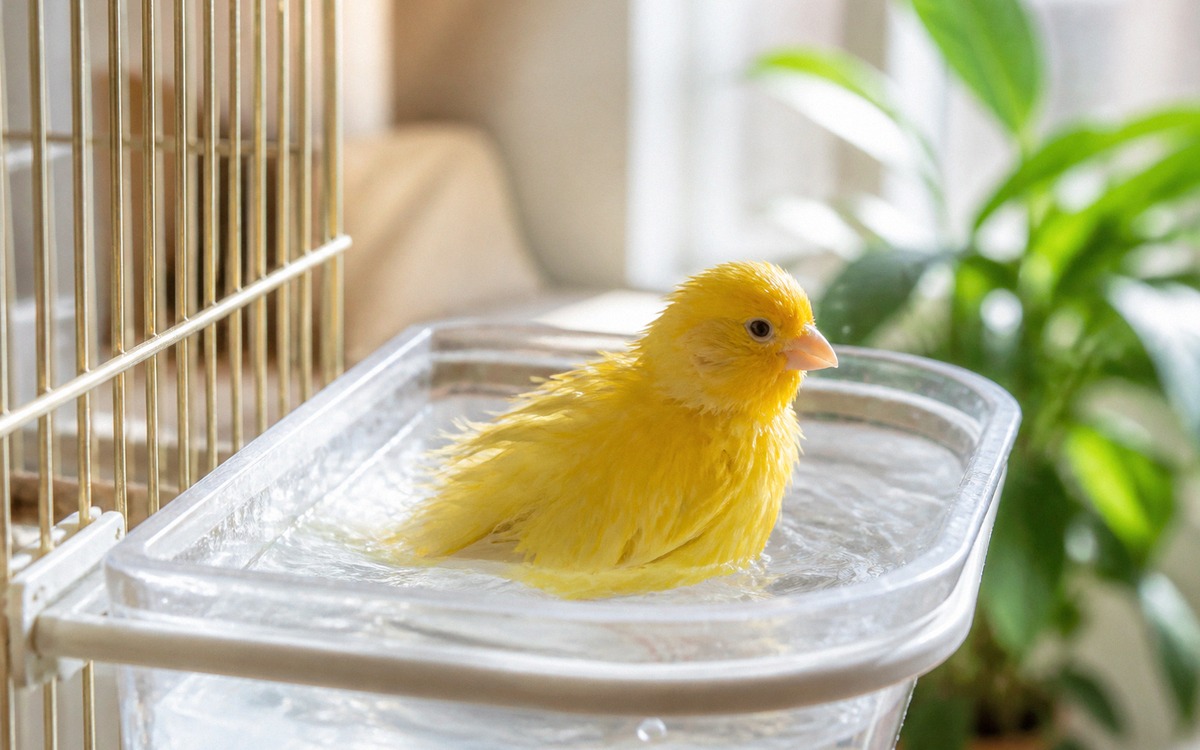 Photorealistic natural photography of a yellow canary bathing in a small shallow plastic bird bath a