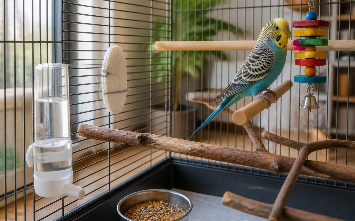 Close-up of a clean bird cage setup in an apartment, natural wooden perches of different diameters, 