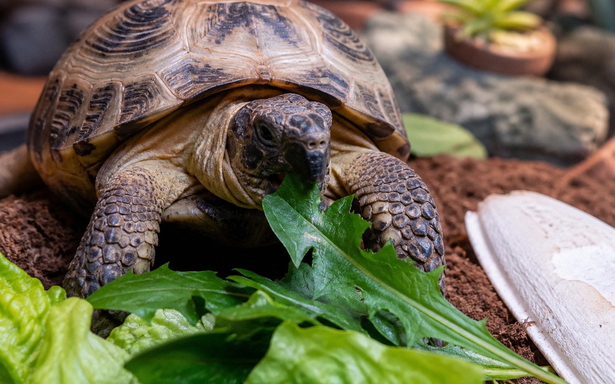 Photorealistic close-up of a Central Asian tortoise eating fresh dandelion leaves and romaine lettuc
