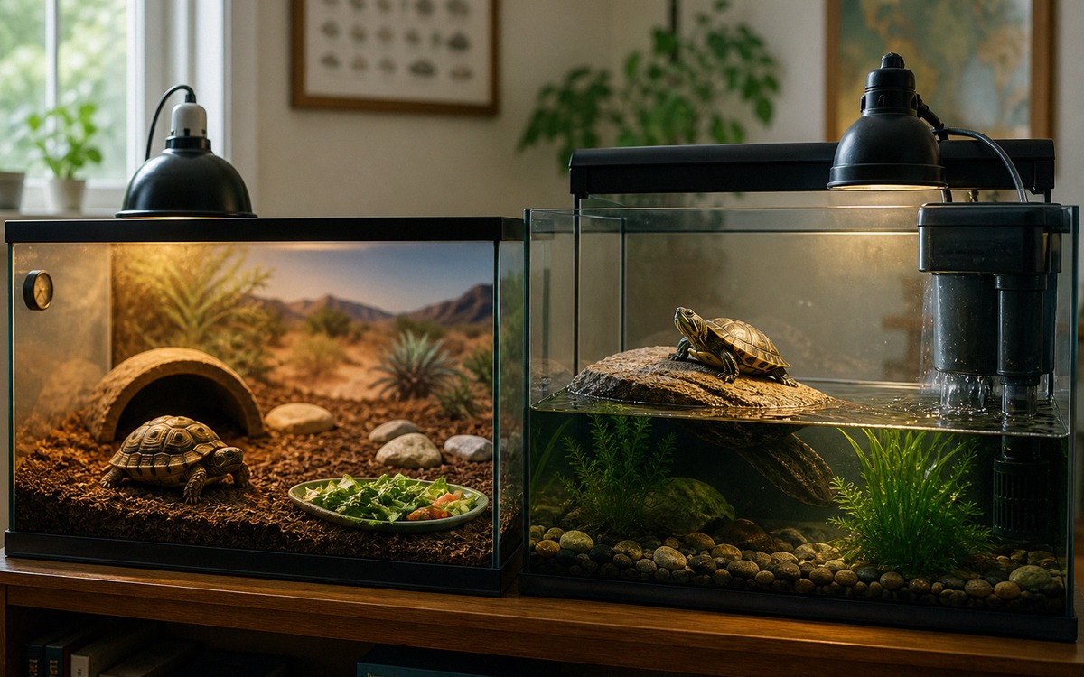 Photorealistic comparison scene with two proper turtle habitats side by side: a dry terrarium for a 