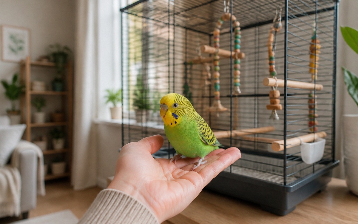 A young green and yellow budgerigar calmly sitting on a person's open hand near a spacious rectangul