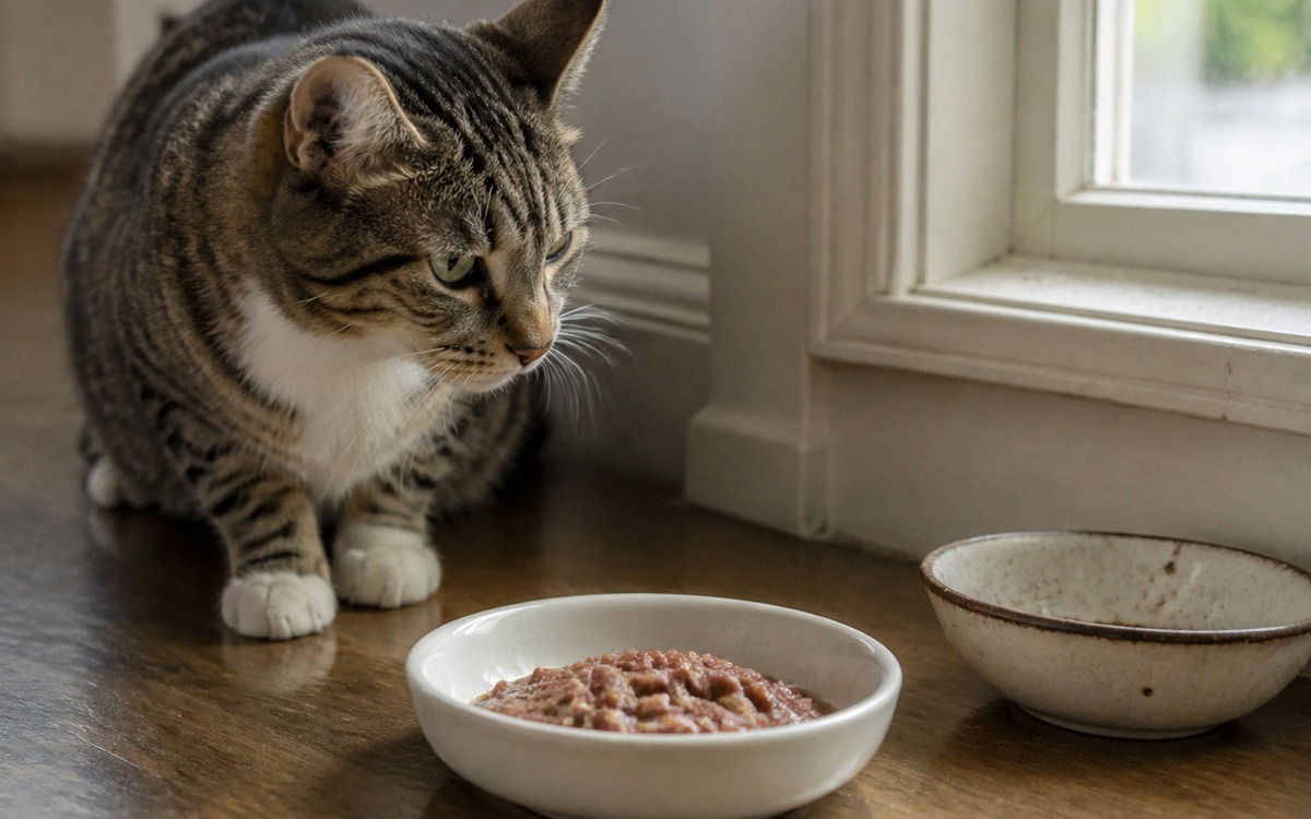 Photorealistic scene of a domestic short-haired cat hesitating near two food bowls in a quiet home c