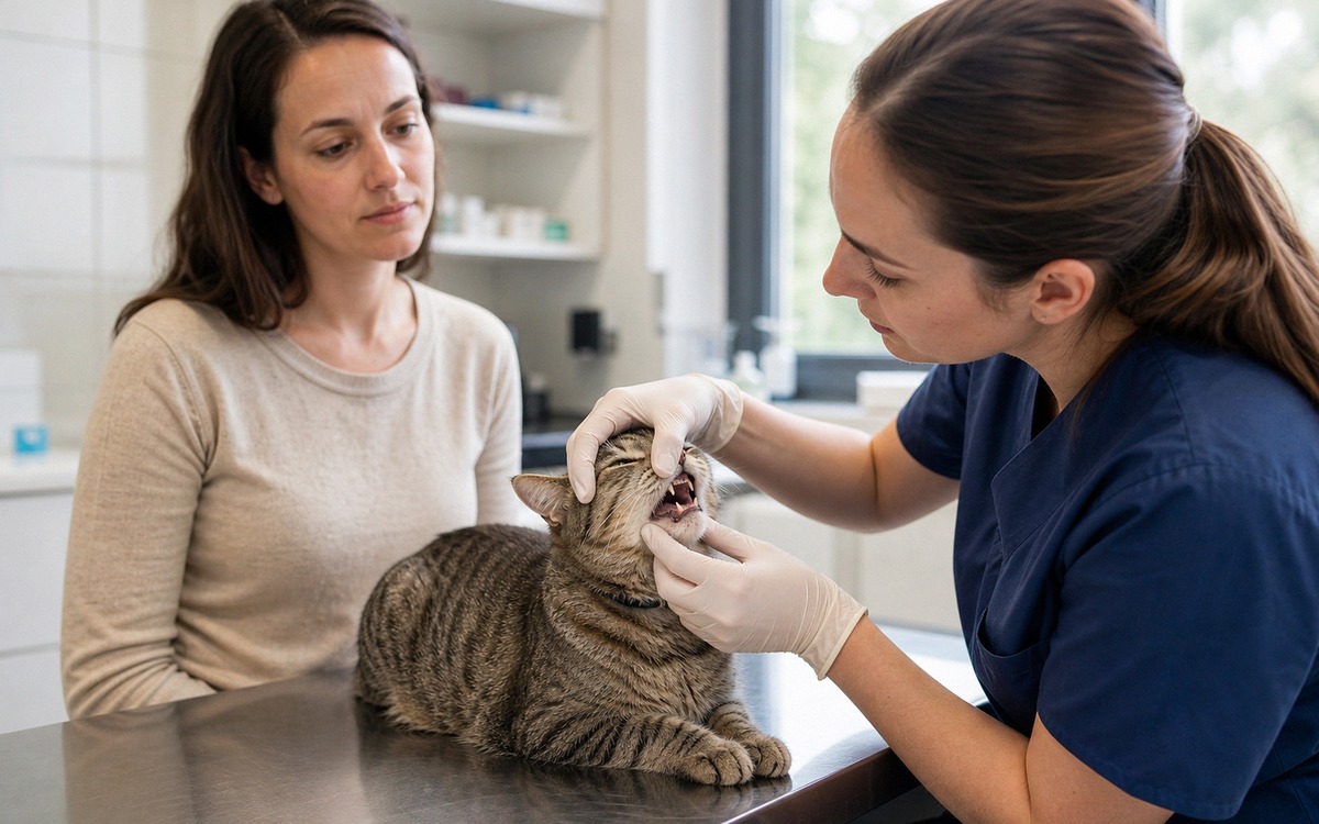 Photorealistic veterinary clinic scene with a calm tabby cat on an examination table while a veterin
