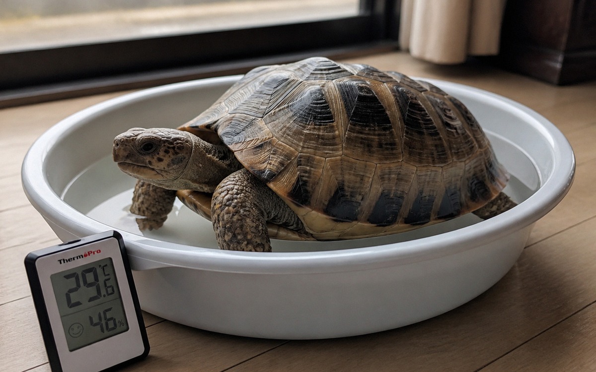 Photorealistic close-up of a tortoise standing safely in a shallow plastic basin with warm clean wat