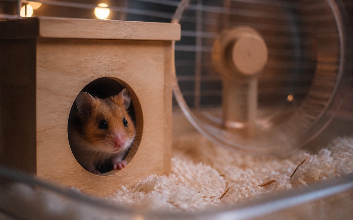 Photorealistic image of a hamster peeking out of a wooden hideout in the evening, exercise wheel and