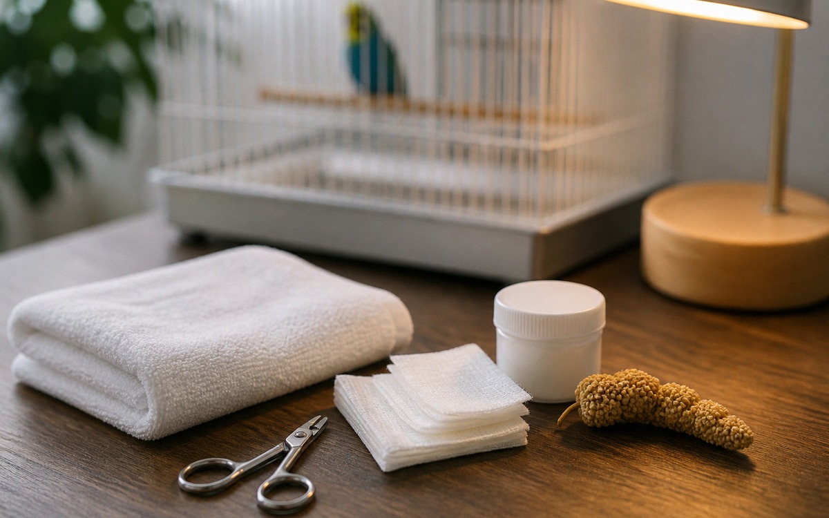 Photorealistic flat lay on a wooden table: small bird nail clipper, clean soft cotton towel, sterile