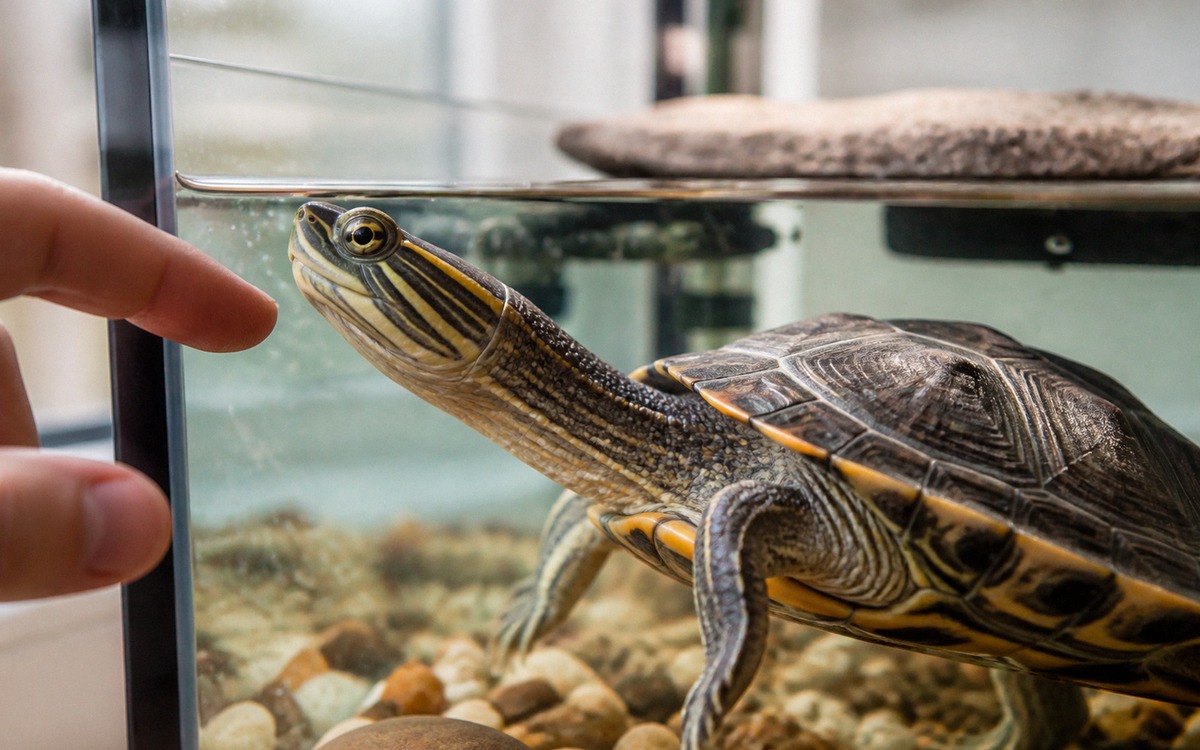 Close-up natural photo of an aquatic pet turtle stretching its neck toward moving fingers outside th