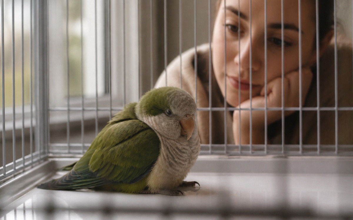 Photorealistic close up of a small pet parrot sitting fluffed up on the bottom of a clean cage, look
