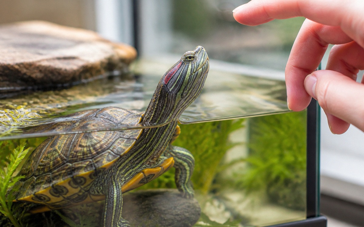 A red-eared slider turtle in an aquarium stretching its neck toward moving fingers near the glass, f