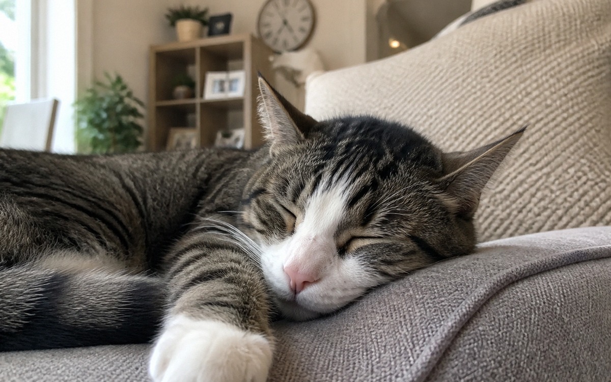 Photorealistic scene of an adult house cat dozing on a sofa while a wall clock and quiet living room
