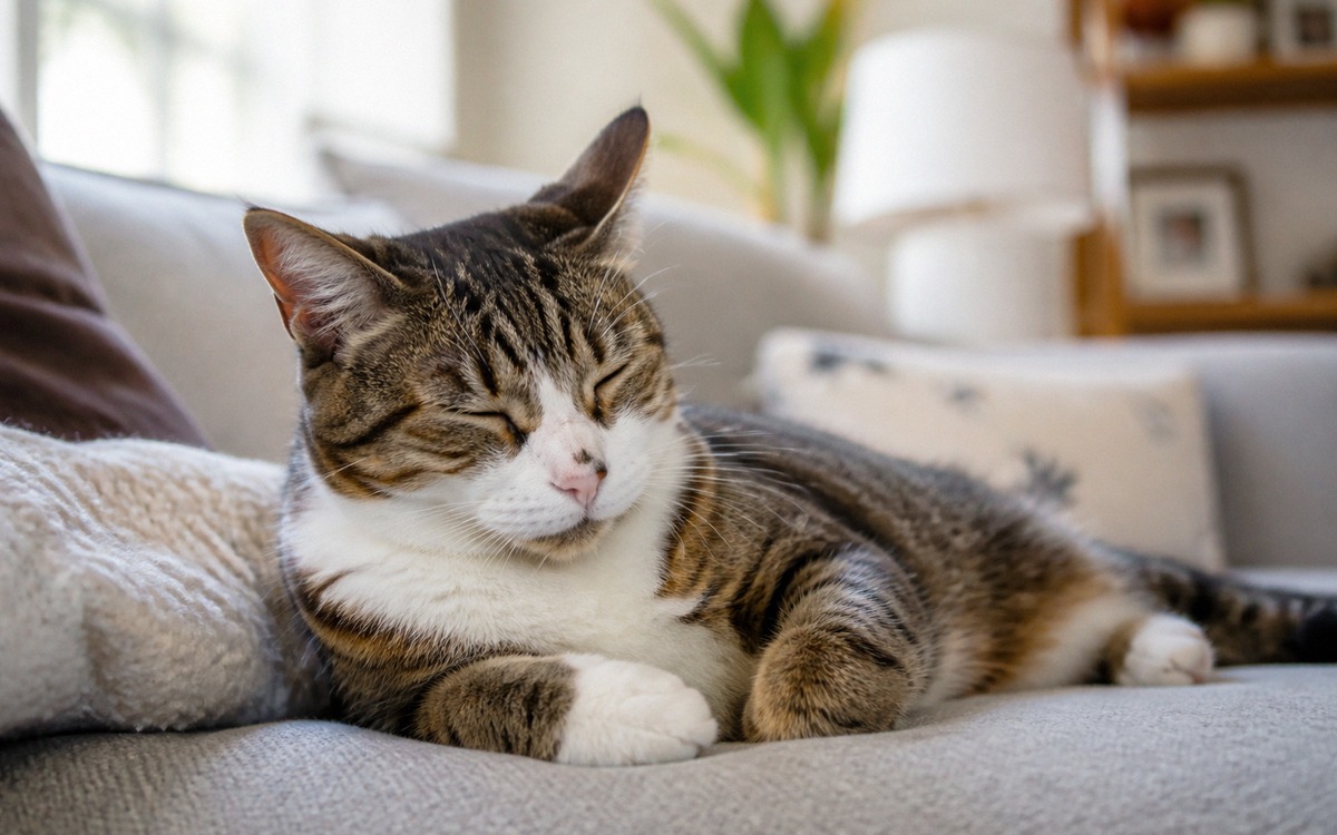 Adult domestic cat lightly dozing on a sofa while one ear reacts to a quiet sound, home living room,