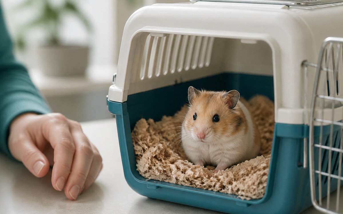 A small hamster sitting quietly in a travel carrier with soft paper bedding, owner hand nearby but n