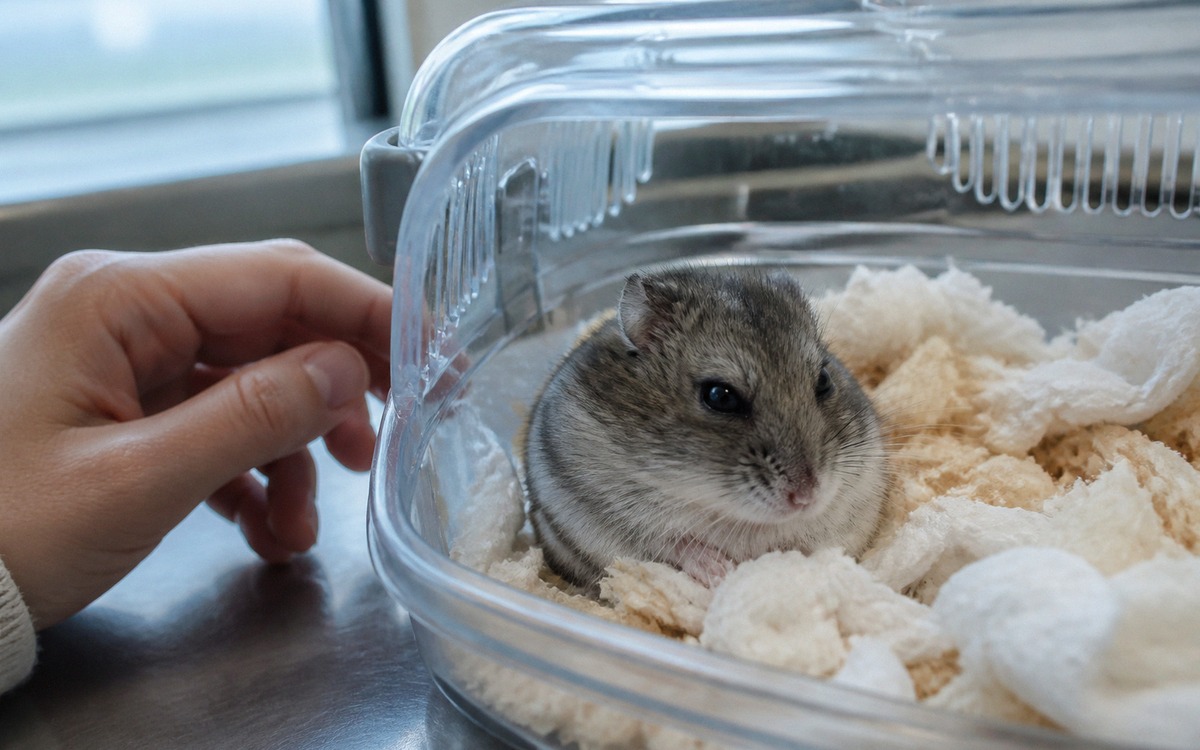 Photorealistic close-up of a sick dwarf hamster sitting quietly in a small travel carrier with paper