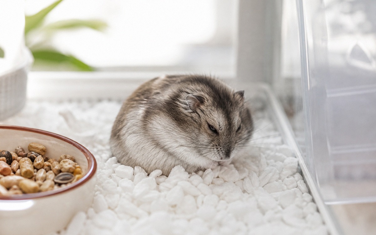 Photorealistic close-up of a dwarf hamster sitting hunched on plain white paper bedding in a clean c