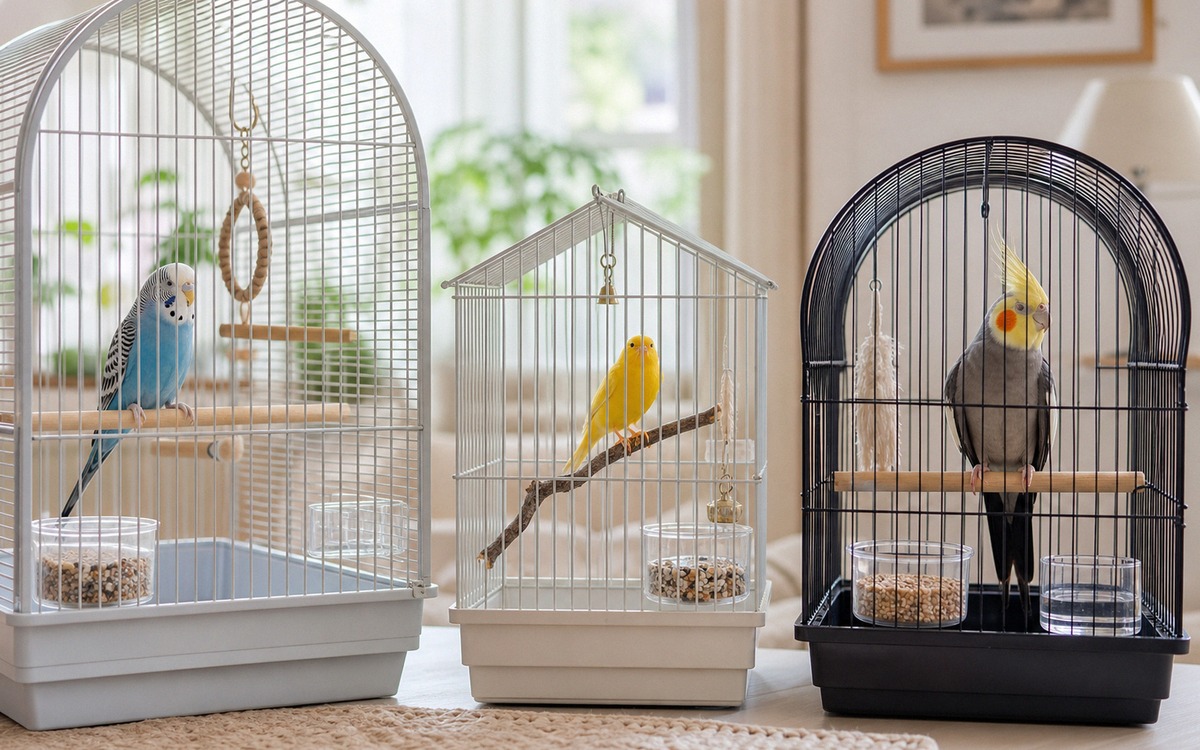 Photorealistic natural photography showing three small domestic birds in separate safe home setups: