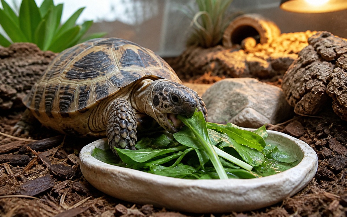 Photorealistic image of a Central Asian tortoise eating fresh dandelion leaves and plantain leaves f