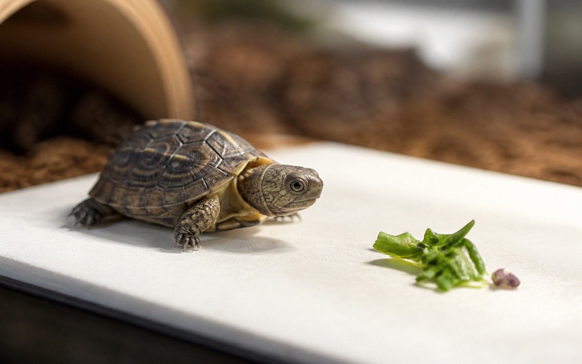 Photorealistic close-up of a small juvenile turtle next to a tiny portion of fresh greens on a clean
