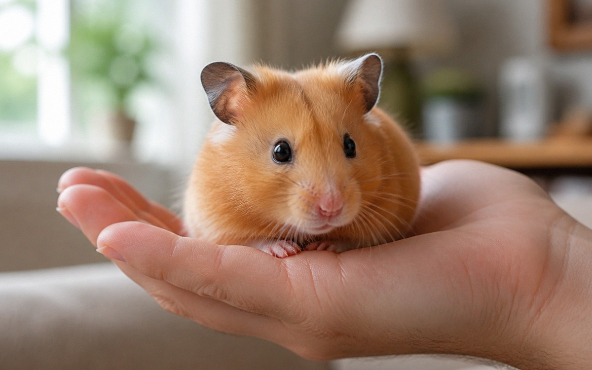 Close-up photorealistic shot of a calm golden Syrian hamster sitting gently on an adult open palm ab